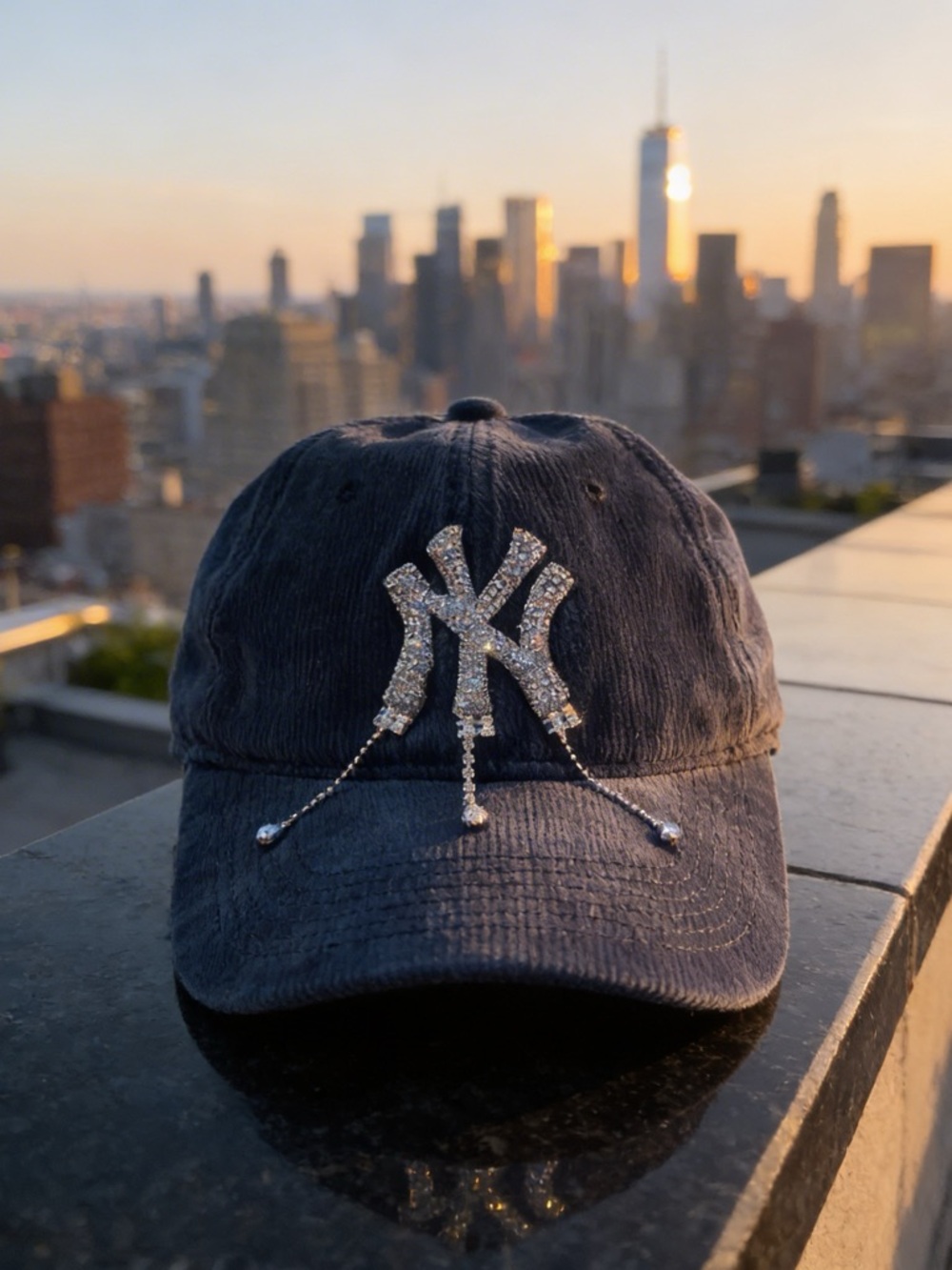 Embellished Navy Corduroy Baseball Cap with Crystal NY Accent